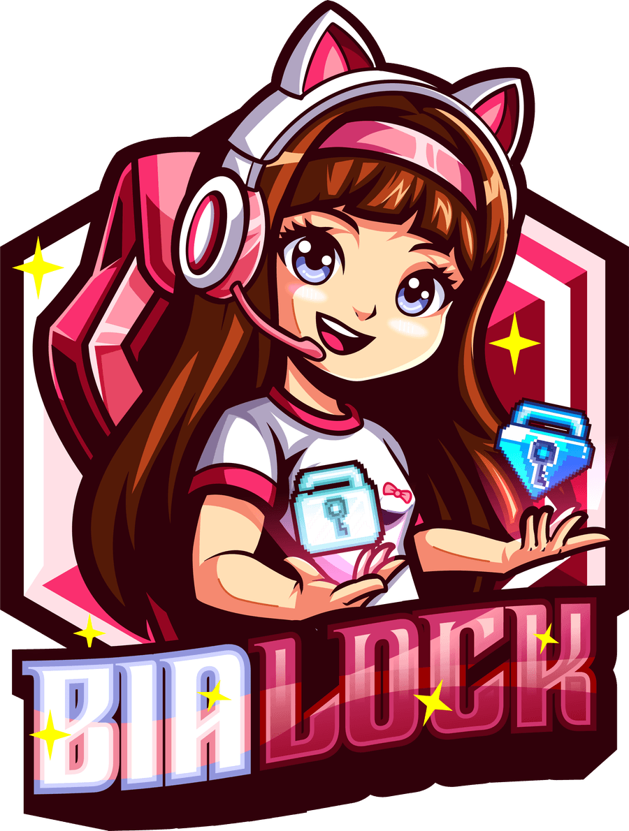 Logo Bialock — maskot membawa Diamond Lock dan Blue Gem Lock Growtopia